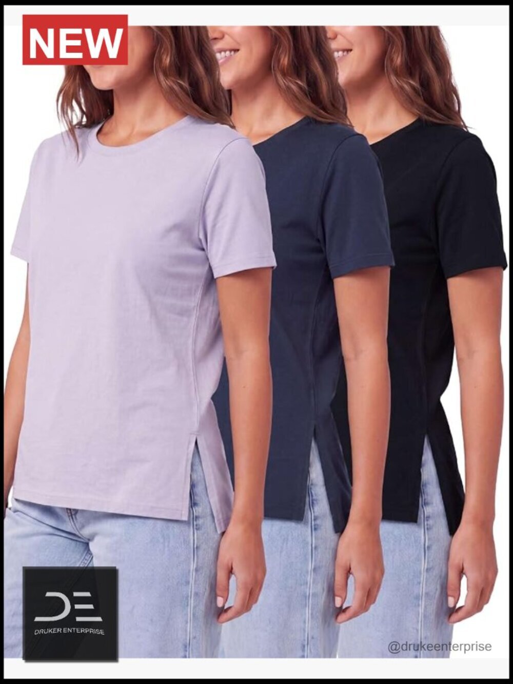 3 Pack Cotton Blend Split Hem T Shirts Crew Neck Short Sleeve Stretchy Tees